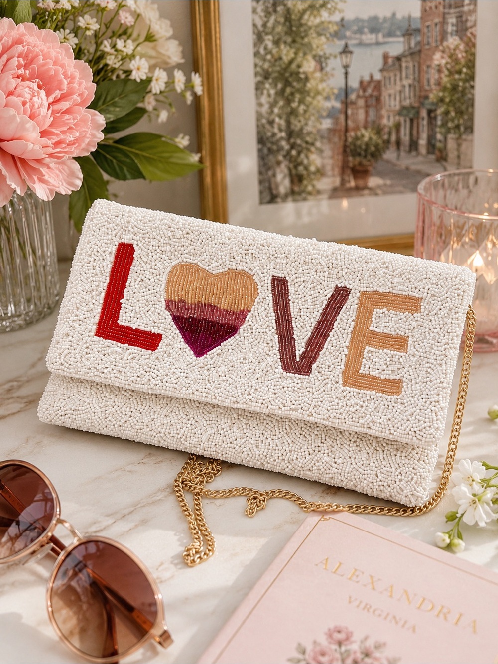 Vintage Beaded 'LOVE' Ivory Clutch Bag with Gold Chain